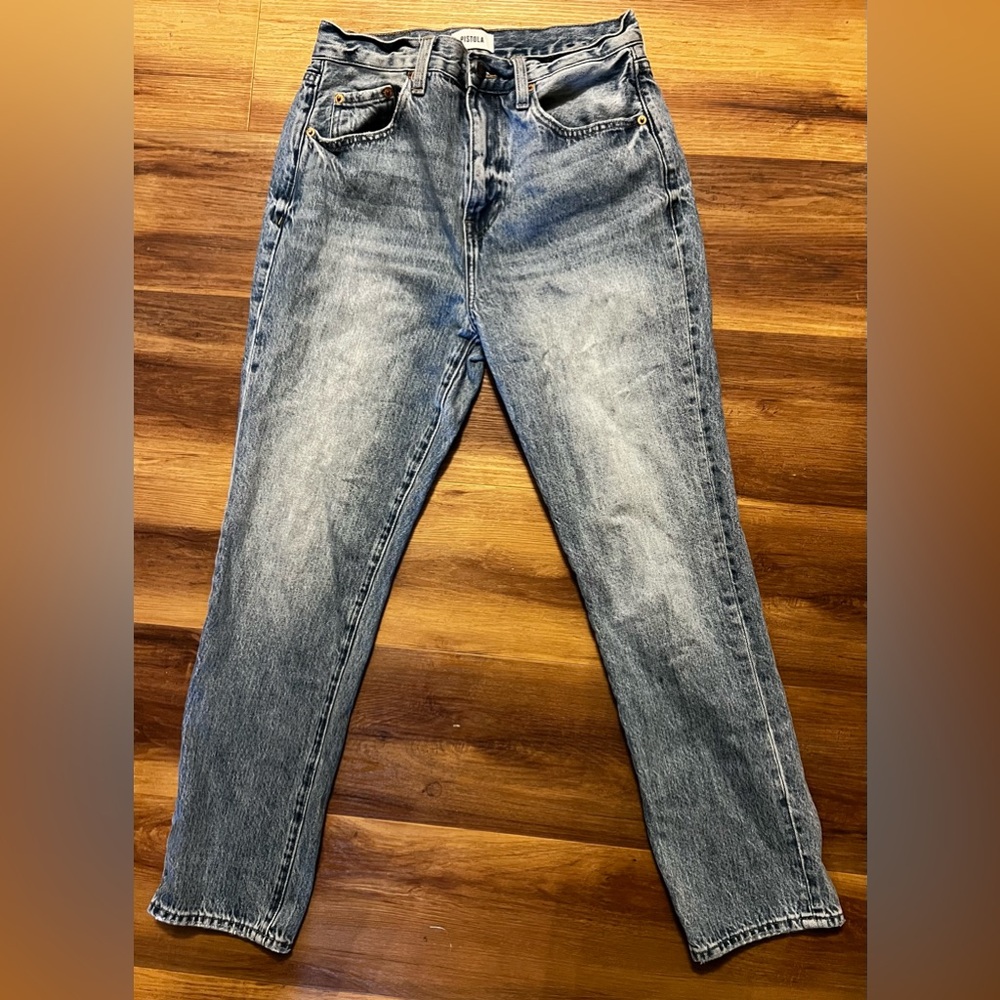 pistola Light Blue Denim Jeans with Tan Leather Patch